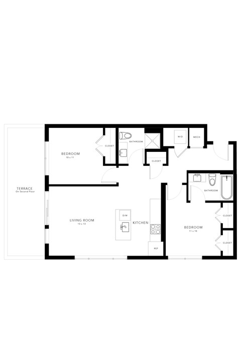 Floor plan for 2 beds, 2 baths, 838 sqft